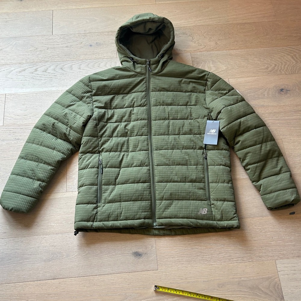 New Balance Mens XL Puffer Jacket Olive Green Quilted Hooded Water Resistant NWT